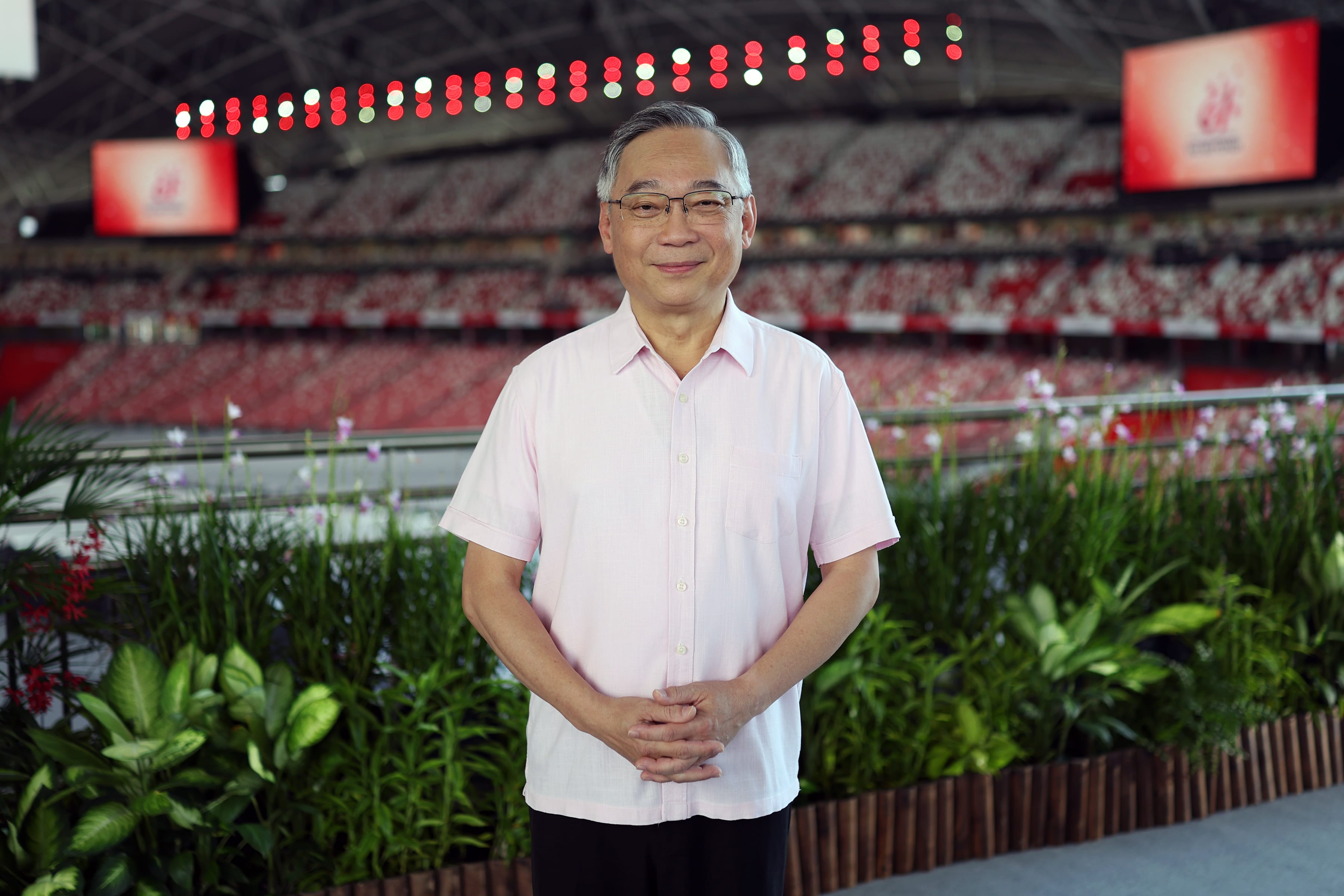 Photo of DPM Gan Kim Yong at the National Stadium for the recording of the National Day Message 2026